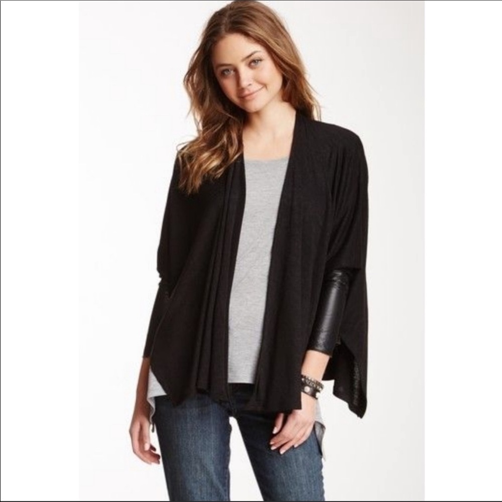 DKNY Jeans Faux Leather Cuff Open Front Cardigan